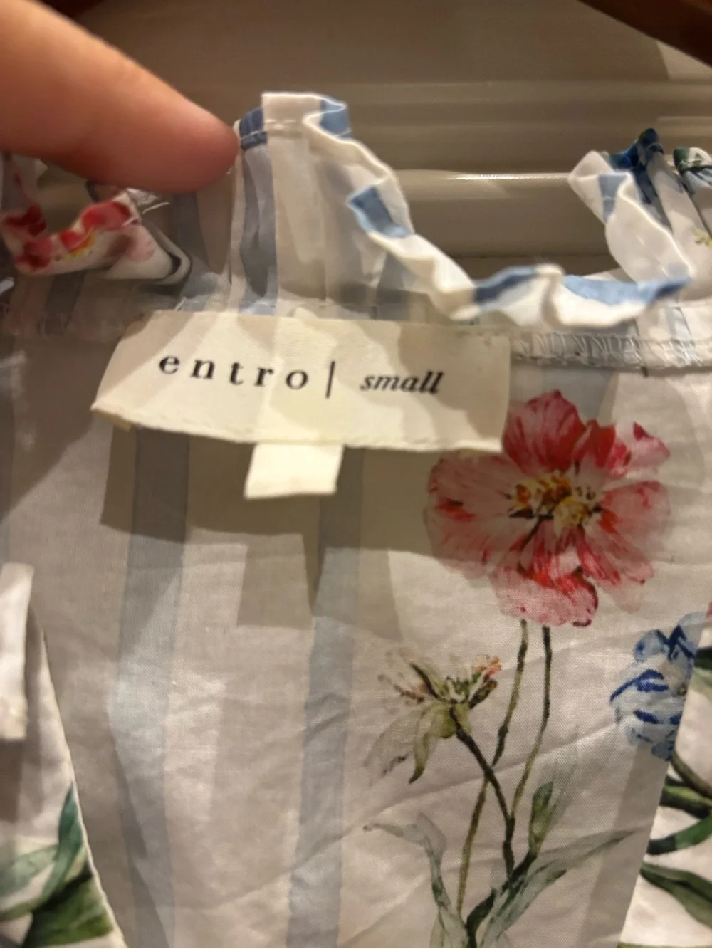 Entro Striped Floral Puff-Sleeve Blouse - Blue/White, size small